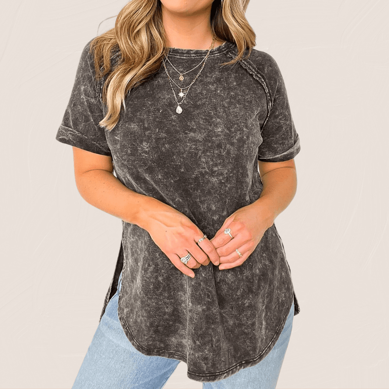 Back Patch Crinkle Washed Raglan Sleeve T-Shirt ASH BLACK / S ZENANA T-Shirt