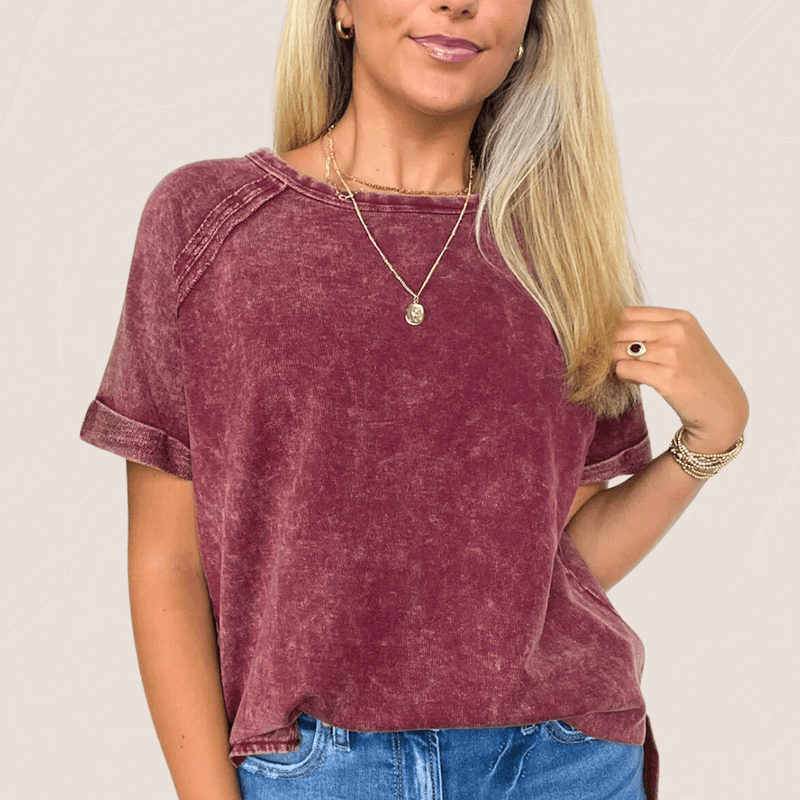 Back Patch Crinkle Washed Raglan Sleeve T-Shirt CABERNET / S ZENANA T-Shirt