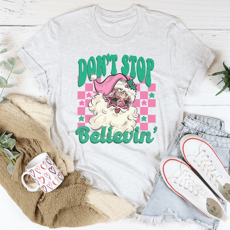 Don't Stop Believin Pink Santa Tee Ash / S Peachy Sunday T-Shirt