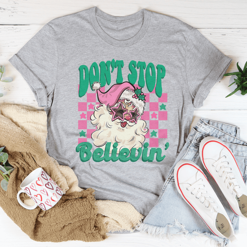 Don't Stop Believin Pink Santa Tee Athletic Heather / S Peachy Sunday T-Shirt