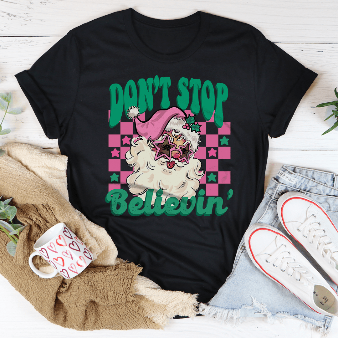 Don't Stop Believin Pink Santa Tee Black Heather / S Peachy Sunday T-Shirt