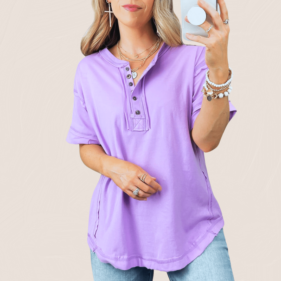 Raw Edge Detailed Button Closure Short Sleeve Top B LAVENDER / S ZENANA T-Shirt