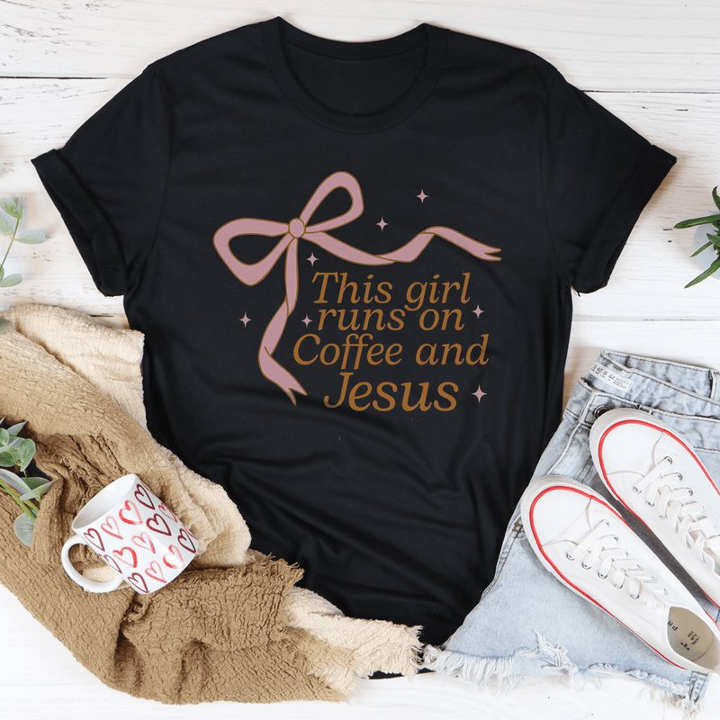 This Girl Runs On Coffee And Jesus Tee Black Heather / S Peachy Sunday T-Shirt