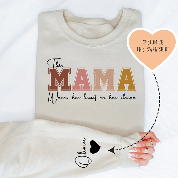 This Mama Wears Her Heart on Her Sleeve Custom Sweatshirt Sand / 2XL printful T-Shirt