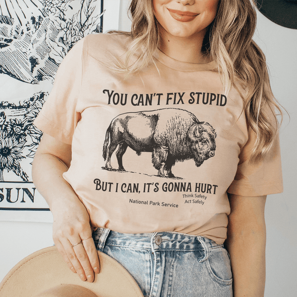 You Can't Fix Stupid But I Can It's Gonna Hurt Think Safely Act Safely National Park Service Tee Heather Prism Peach / S Peachy Sunday T-Shirt