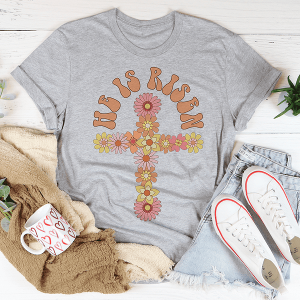 He Is Risen Floral Cross Tee Peachy Sunday T-Shirt